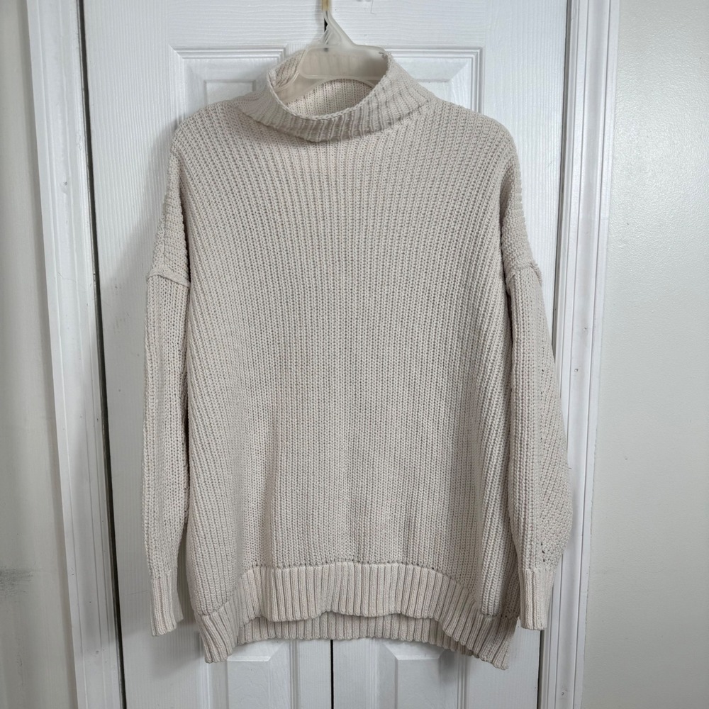 Aerie Womens S Cream Chenille Turtleneck Sweater Oversized Fisherman Knit